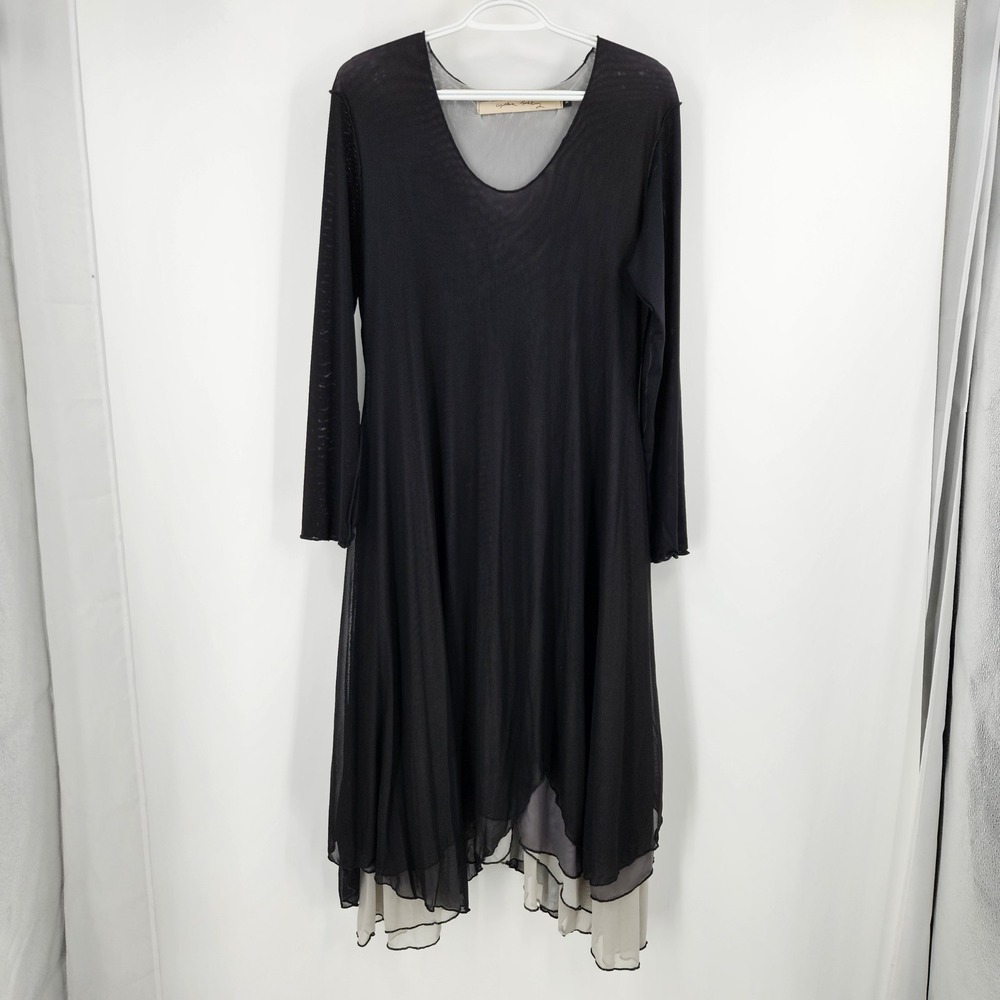 Cynthia Ashby Dress Black Mesh Sheer Layered Handkerchief Hem Oversized Midi M